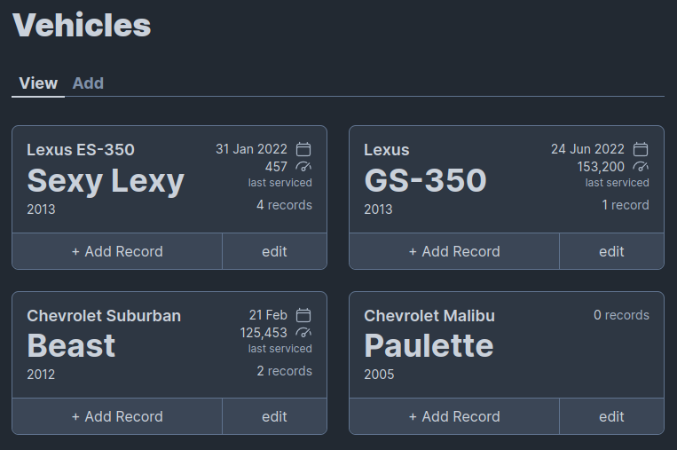 barn vehicle list view