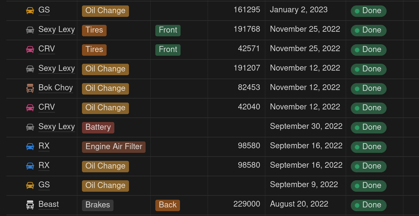 notion vehicle maintenance log